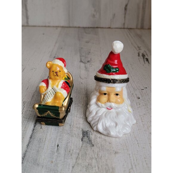 Vintage mini trinket box santa claus face bear sled figure xmas - Picture 1 of 6
